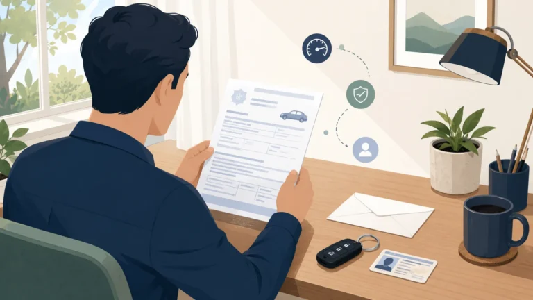 Vector illustration of a driver reviewing speeding ticket paperwork and license point risk at a desk