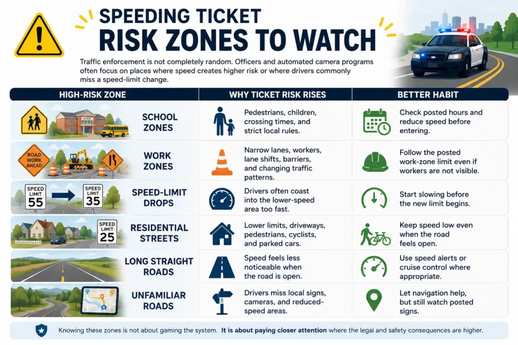Infographic showing common speeding ticket risk zones including school zones, work zones, speed limit drops, and residential streets