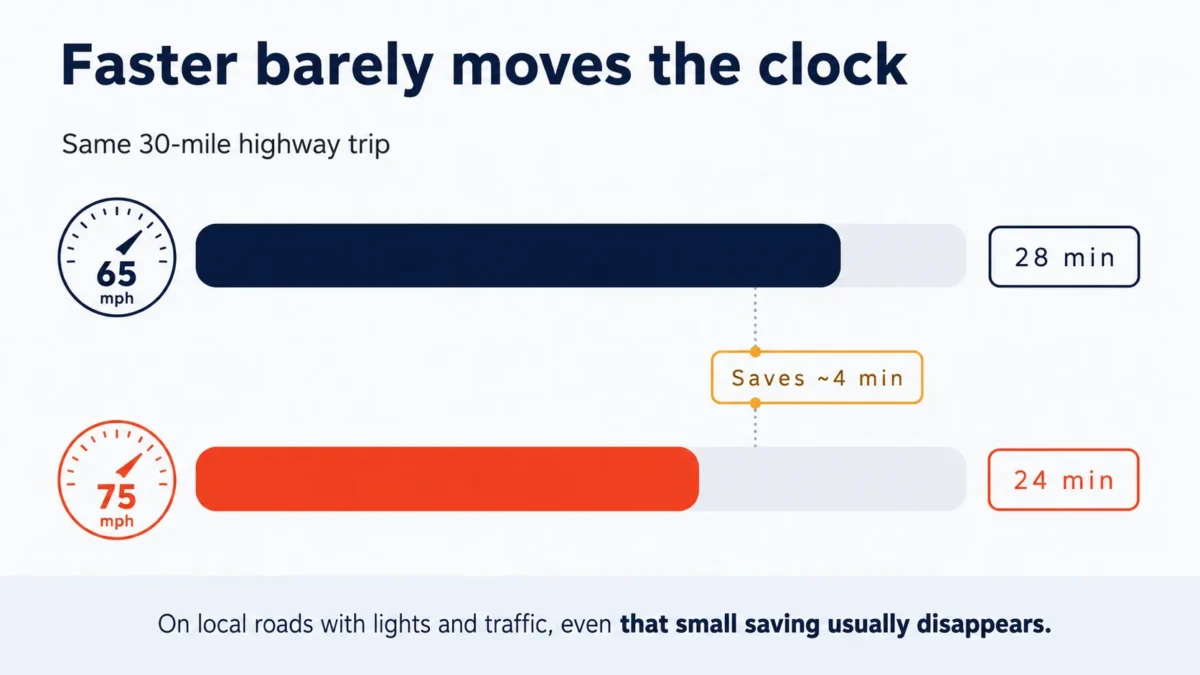 Simple comparison graphic showing that driving faster usually saves only a few minutes