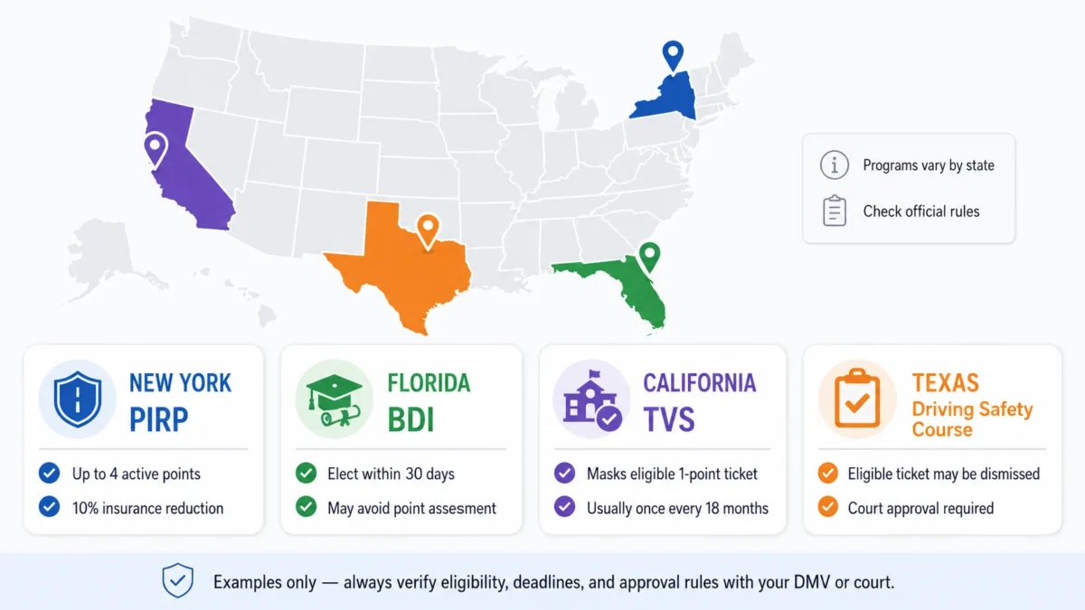 State examples of traffic school and point reduction programs in New York, Florida, California, and Texas