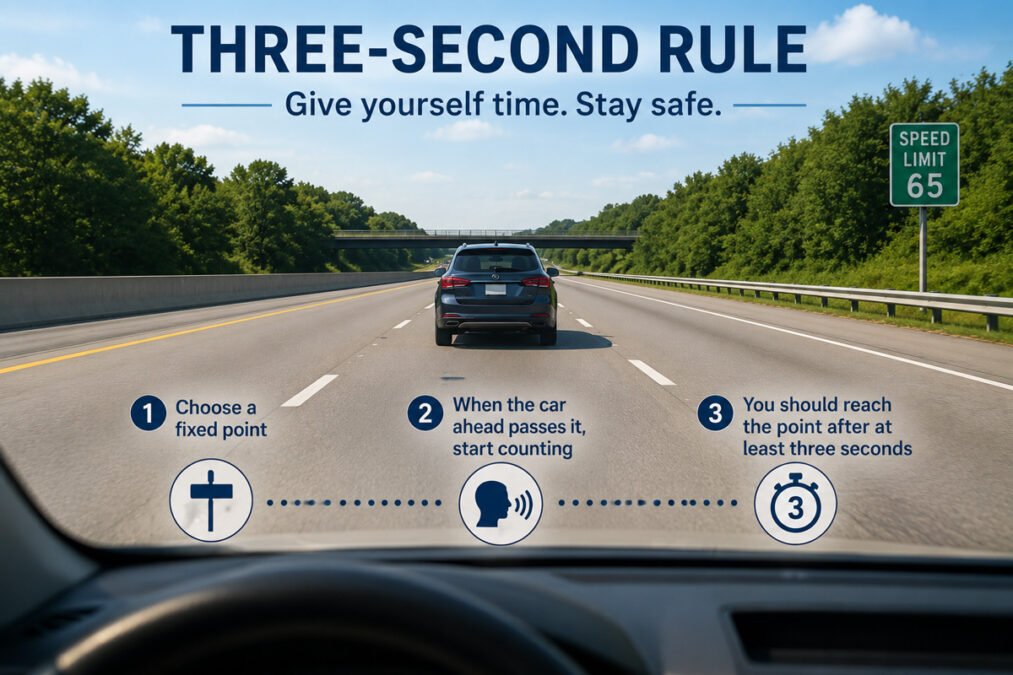 Two cars showing a three-second following distance using a roadside reference point