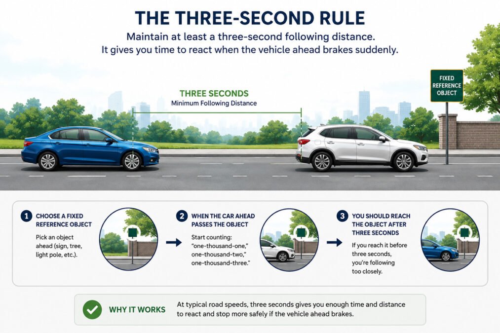 Illustration of the three-second following distance between two cars using a fixed roadside object as a reference point.