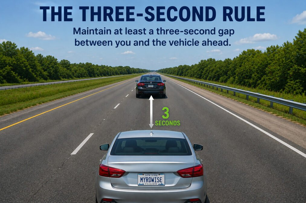 Two cars showing the three-second following distance with a fixed roadside marker