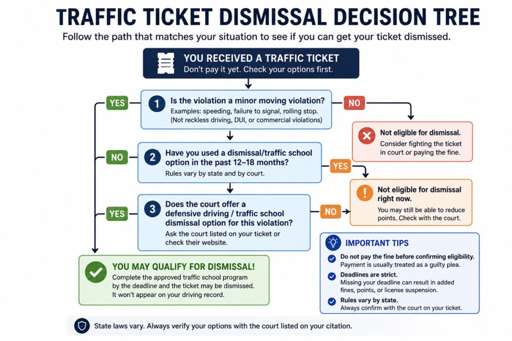 Decision tree showing how drivers can determine whether they qualify for traffic ticket dismissal through traffic school or other court-approved programs.