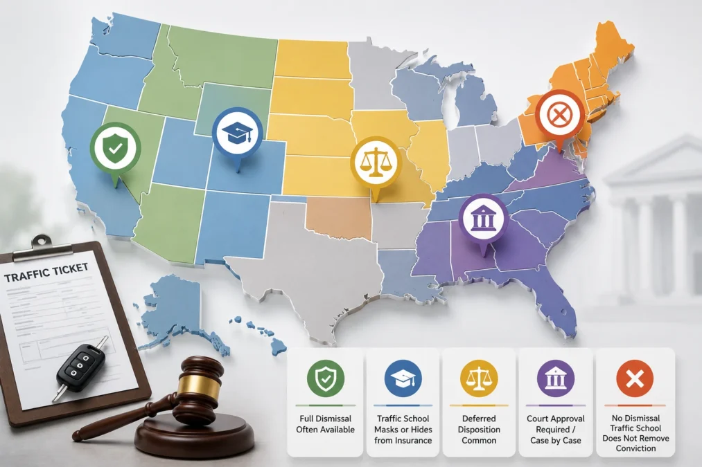 Map-style graphic showing that speeding ticket dismissal and traffic school rules vary by state and court