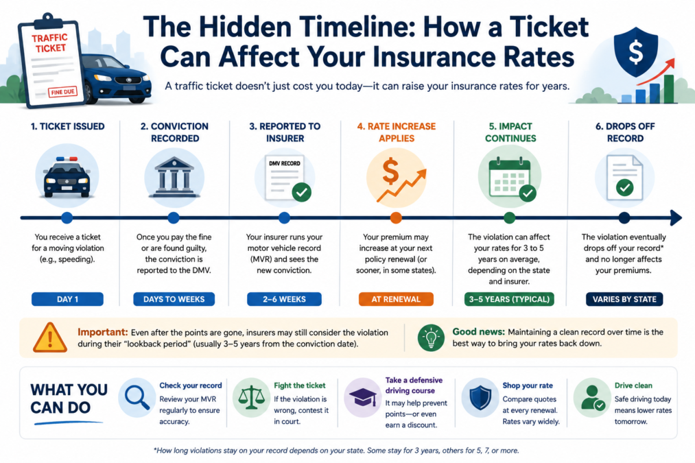 Timeline showing how a traffic ticket can affect car insurance rates over several years