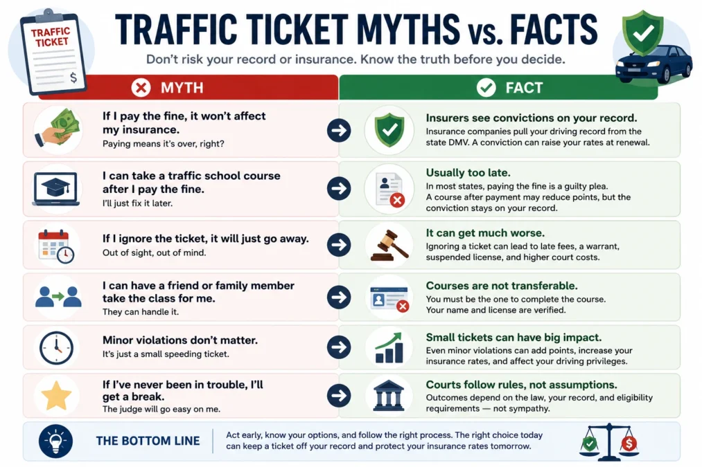Infographic contrasting common misconceptions about traffic tickets with accurate legal information, such as paying the fine, waiting, or transferring responsibility.