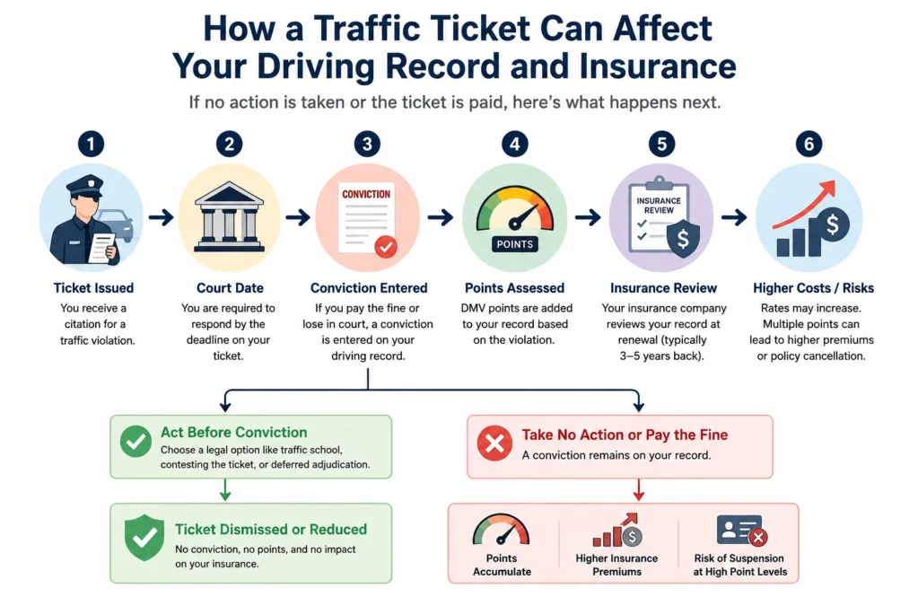 Flow diagram showing how a traffic ticket can lead to conviction, DMV points, insurance review, higher premiums, or license consequences if no action is taken.