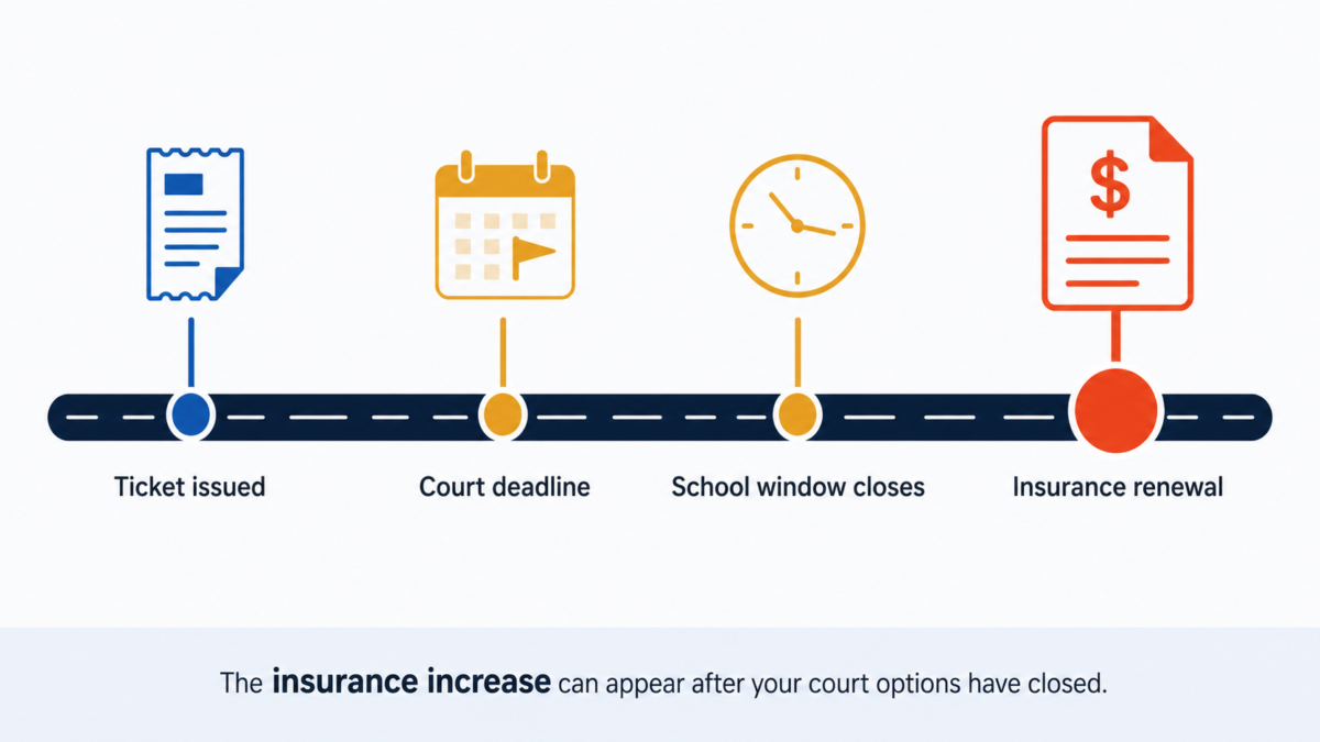 Timeline from traffic ticket to court deadline, traffic school deadline, and insurance renewal
