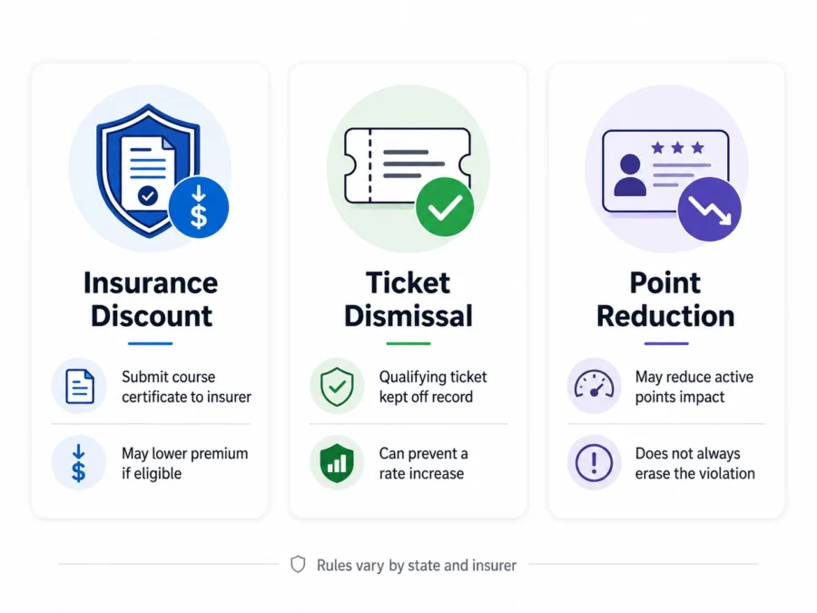 Comparison of traffic school insurance discount, ticket dismissal, and point reduction