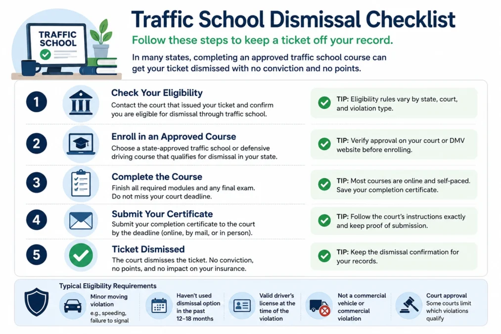 Checklist illustrating the typical steps for using an approved traffic school to avoid a conviction, including eligibility, enrollment, course completion, and certificate submission.