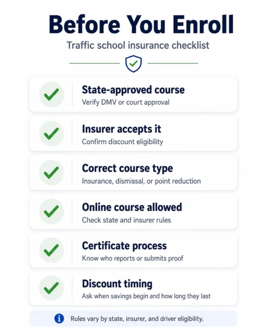 Checklist for confirming whether traffic school qualifies for an insurance discount