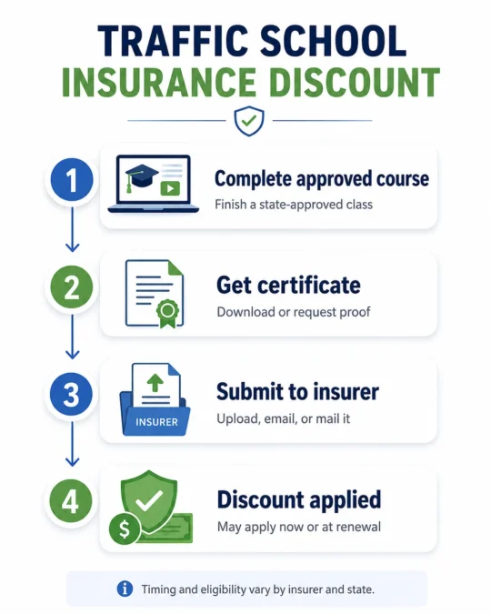 Traffic school insurance discount process from course completion to certificate reporting and discount approval