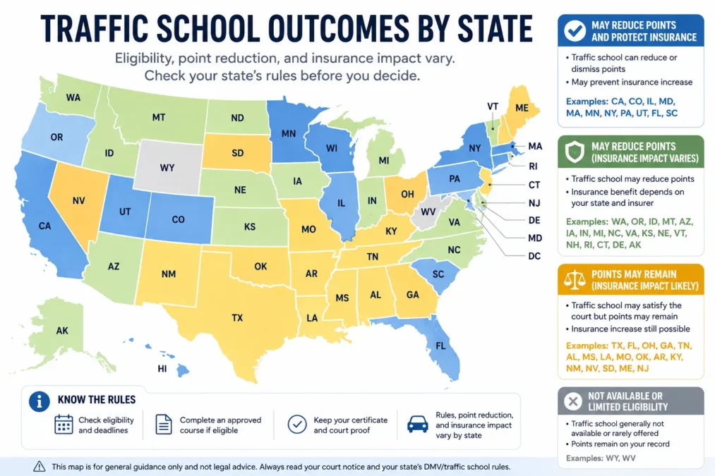 State-by-state comparison showing that traffic school can dismiss, avoid points, or only reduce active points depending on location