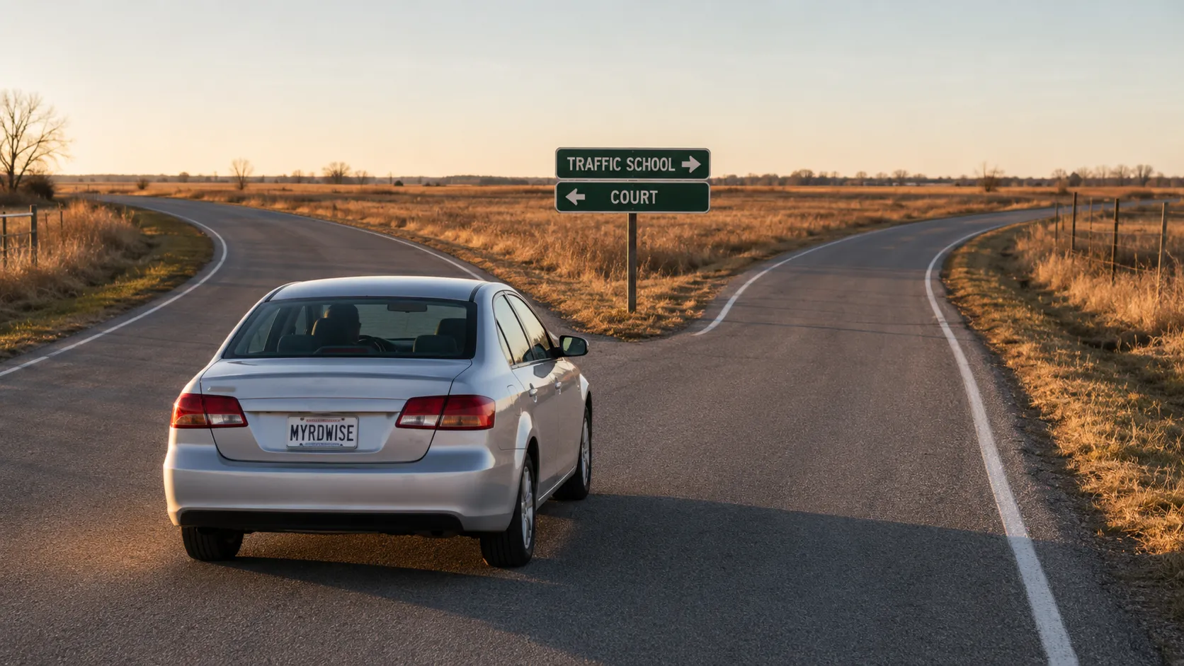 Silver sedan approaching a fork in the road with signs for traffic school and court
