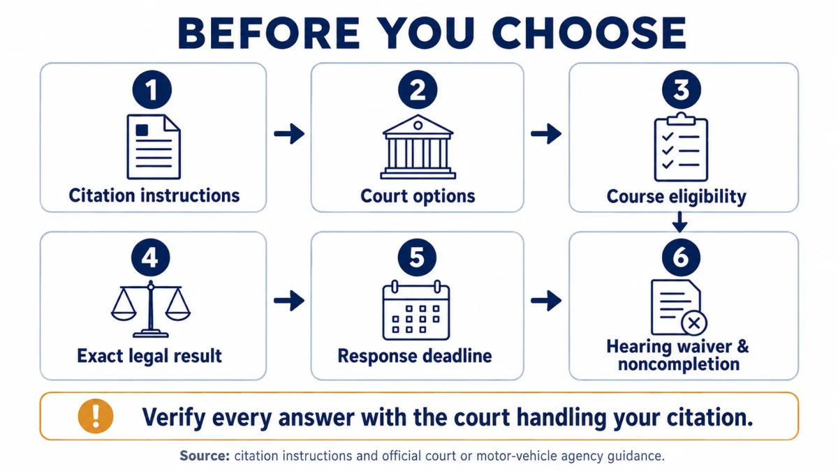 Six-step citation decision sequence covering instructions, court options, course eligibility, legal result, response deadline, and hearing waiver or noncompletion