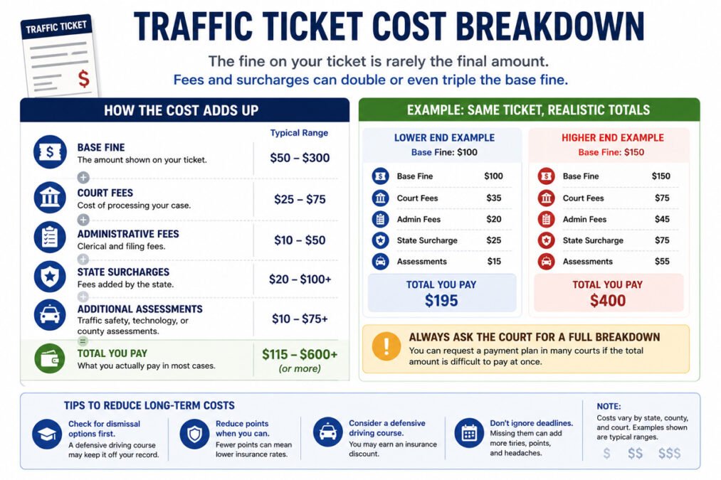Infographic explaining how a traffic ticket's total cost includes the base fine, court fees, surcharges, and administrative assessments.