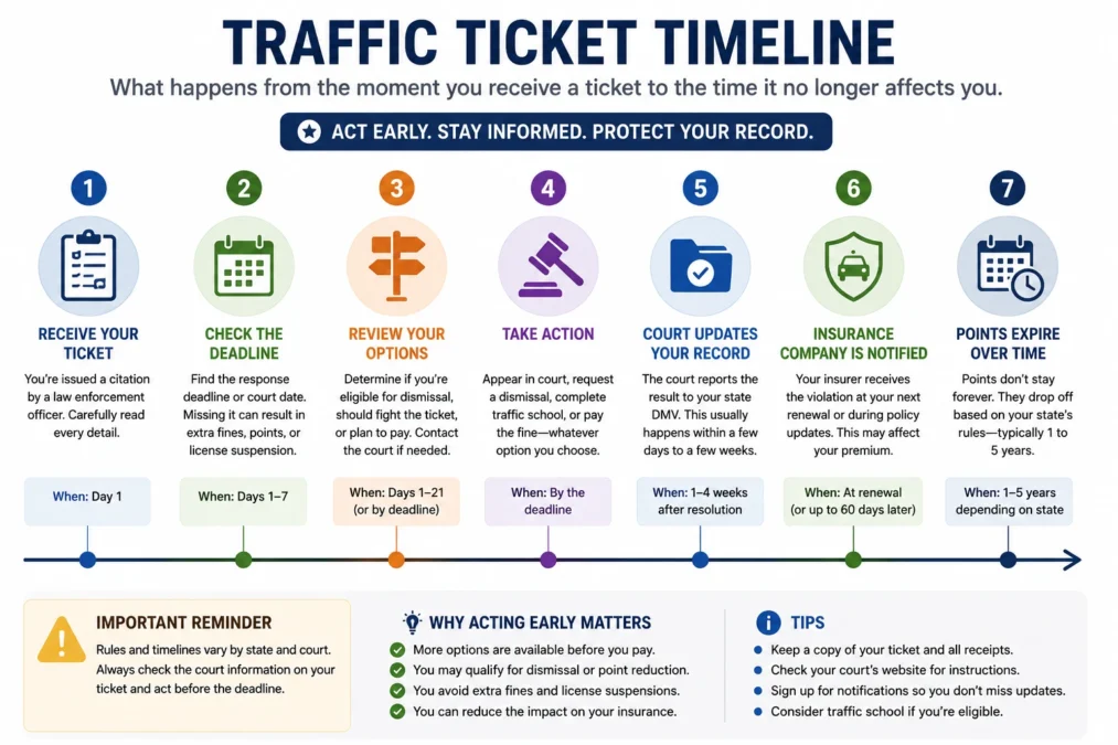 Timeline showing the typical steps after receiving a traffic ticket.