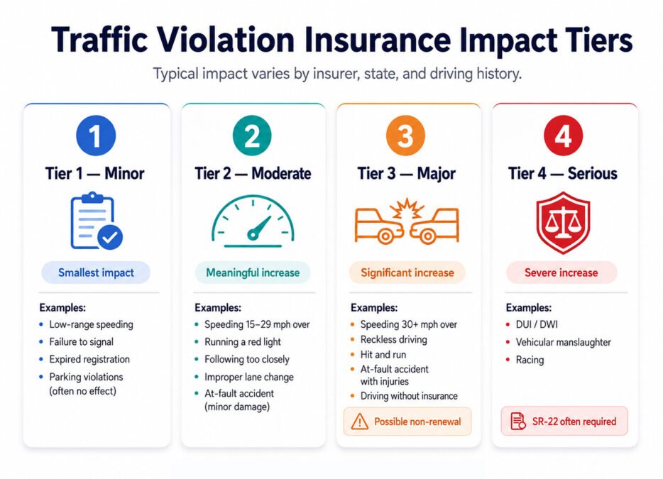 Four-tier graphic showing minor, moderate, major, and serious traffic violations by insurance impact
