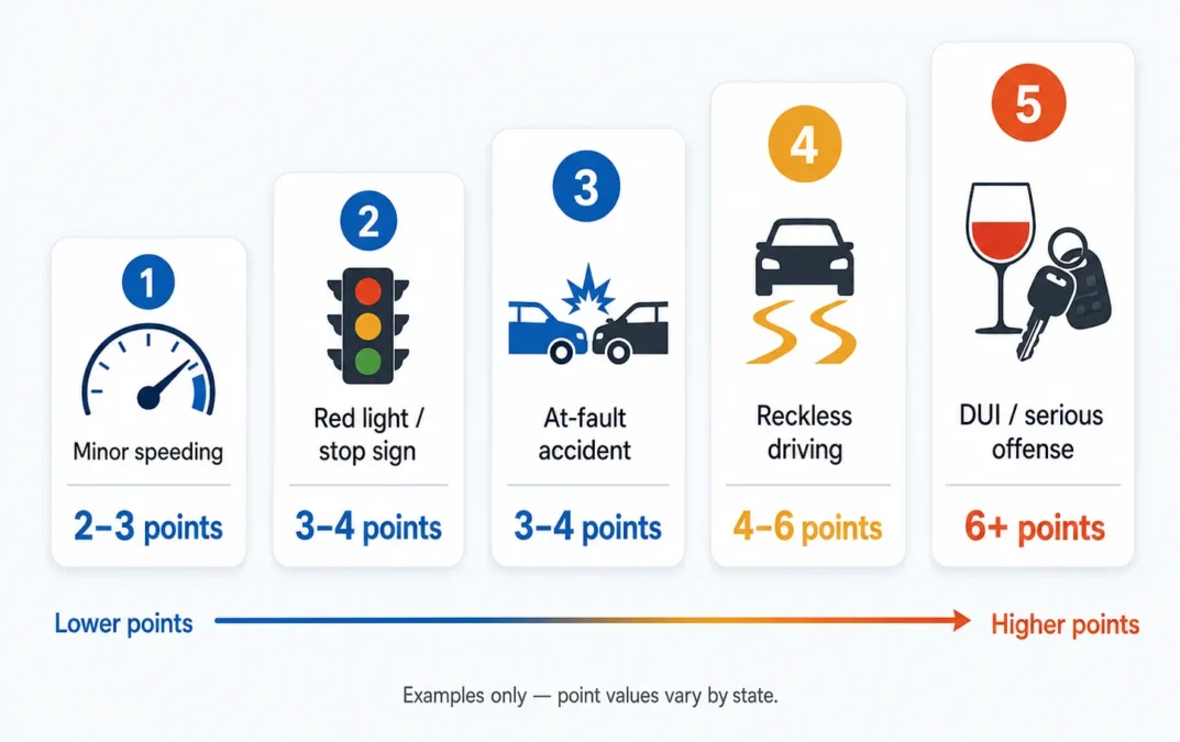 Example traffic violation point chart comparing minor speeding, red light violations, at-fault accidents, reckless driving, and DUI