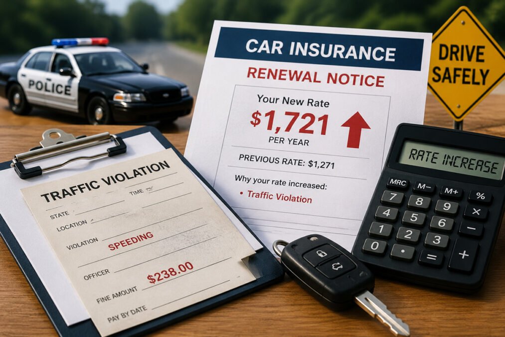 Driver receiving a traffic ticket with car insurance documents nearby