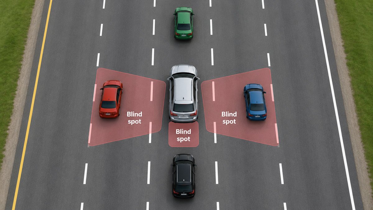 Diagram showing blind spots beside and behind a vehicle