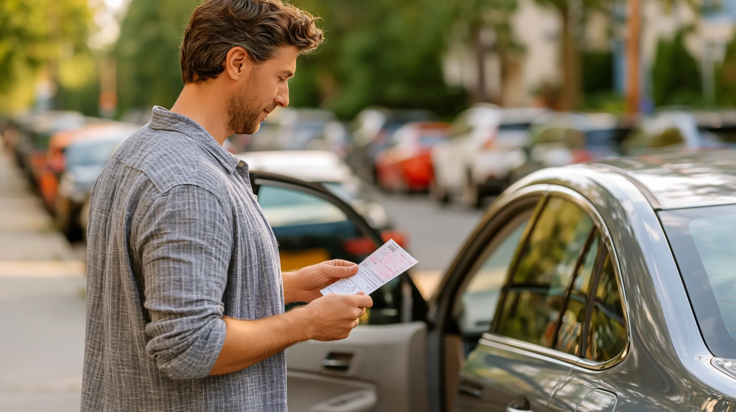 Driver reviewing a traffic ticket beside a parked car before deciding what to do next