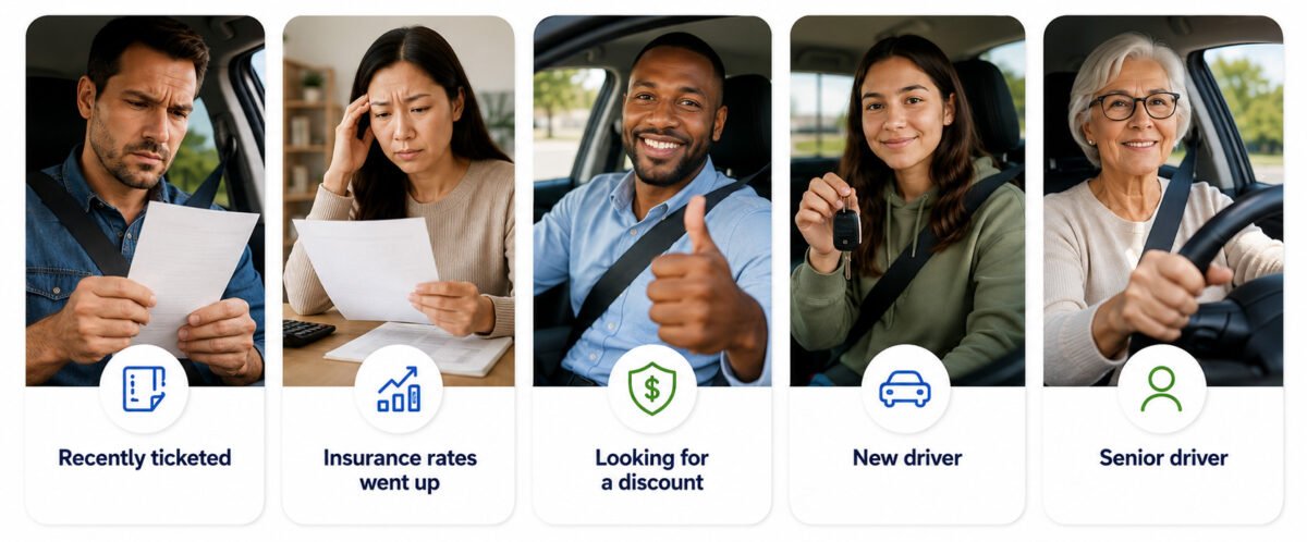 Infographic representing drivers who benefit from a defensive driving course, including new drivers, senior drivers, and recently ticketed drivers.