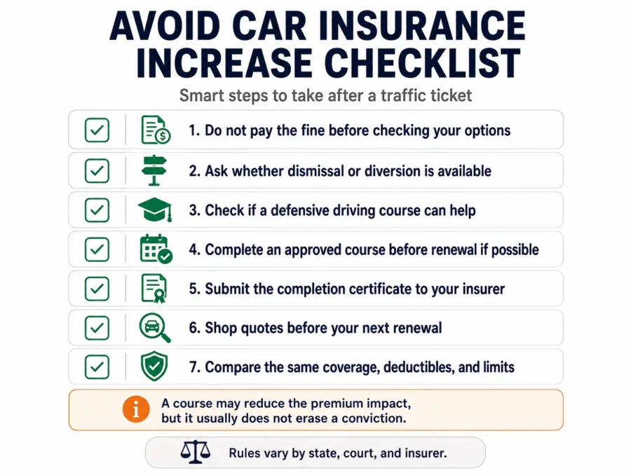 Checklist of steps to reduce or avoid a car insurance increase after a traffic ticket