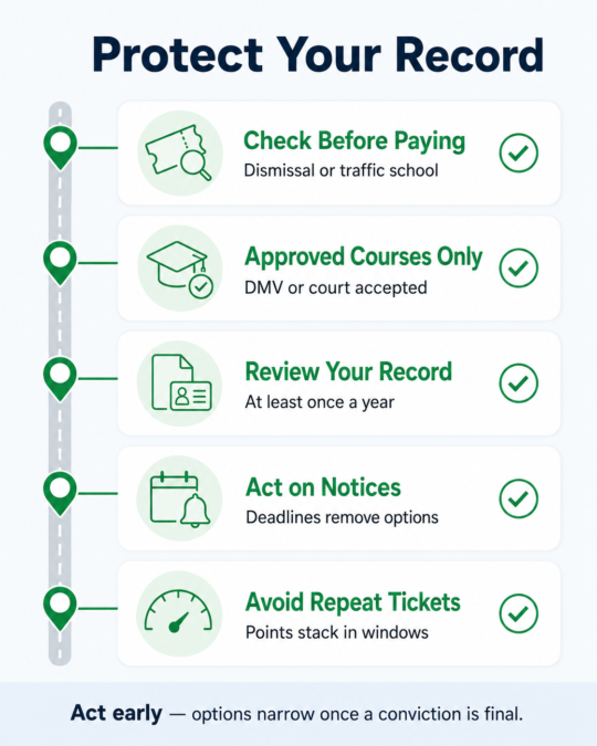 Checklist for protecting a driving record from license points after a traffic ticket