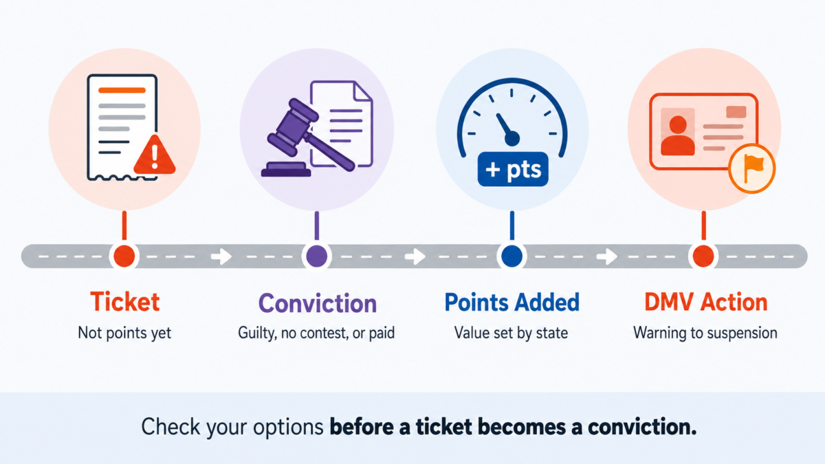 Diagram showing a traffic ticket, conviction, license points, and possible DMV action