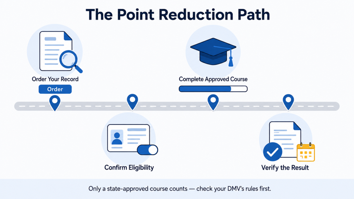 Flowchart showing how to check a driving record, confirm the rules, finish an approved course, and check the result