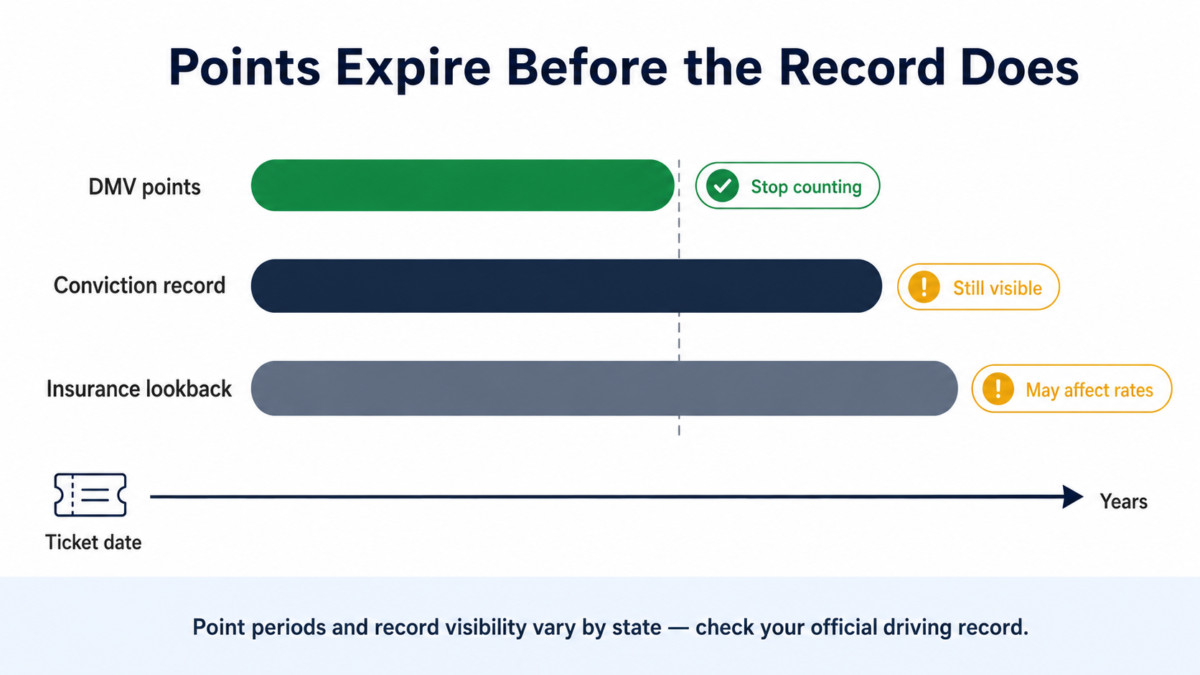 Timeline showing when DMV points stop counting and how long a ticket may stay visible