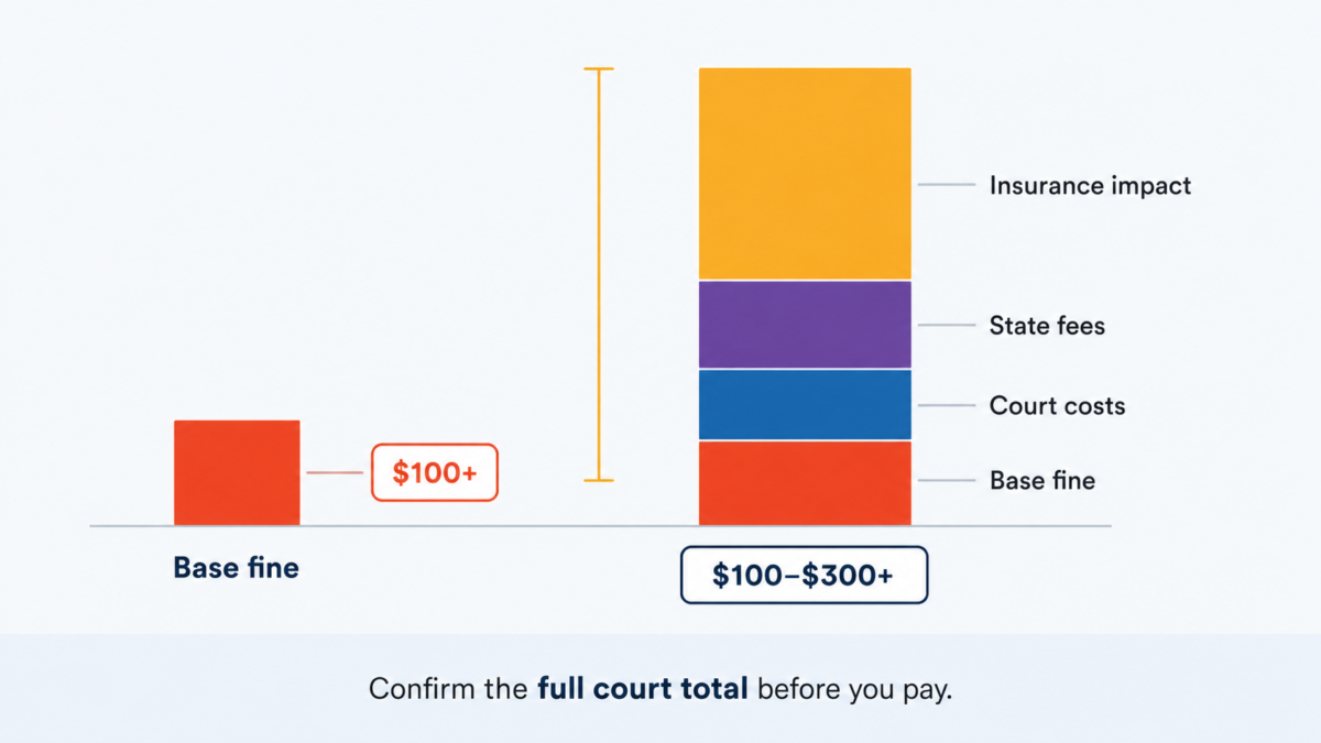 Speeding ticket base fine compared with the total after fees and insurance