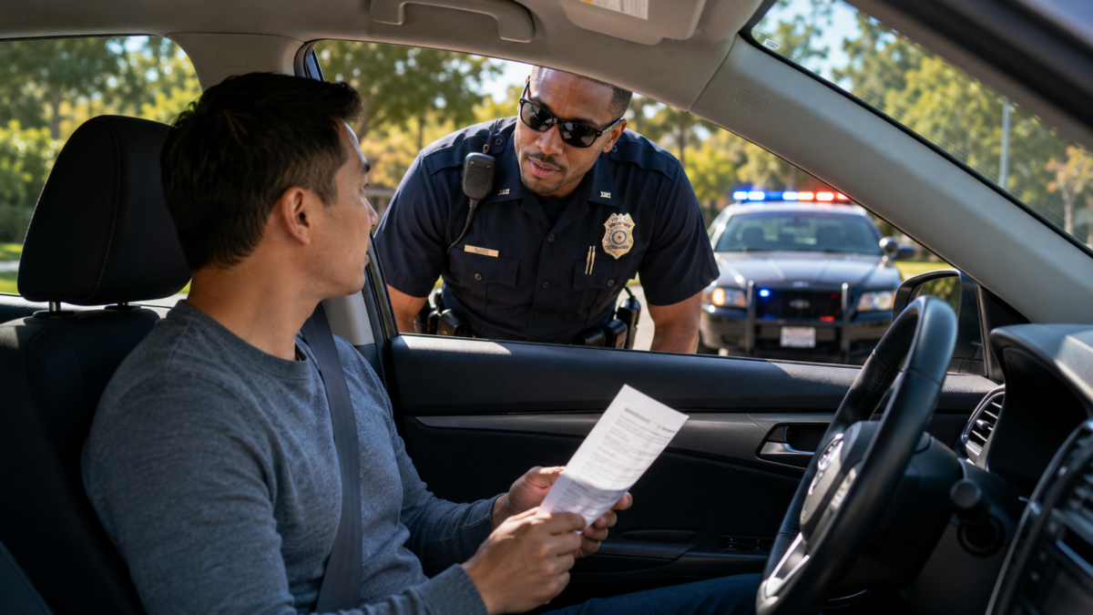 Driver reviewing a speeding ticket and a state-by-state cost checklist