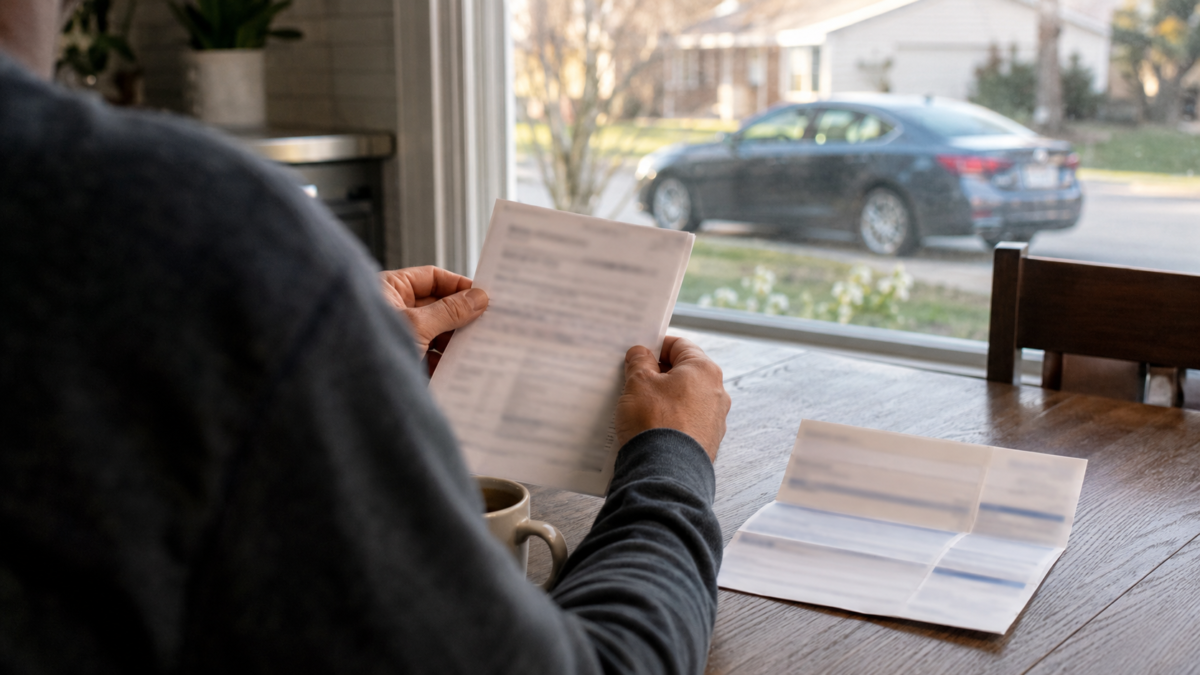 Driver reviewing a speeding ticket and insurance bill to understand the total cost