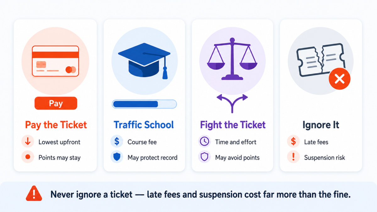 Cost comparison of paying a speeding ticket, traffic school, fighting the ticket, and ignoring the ticket