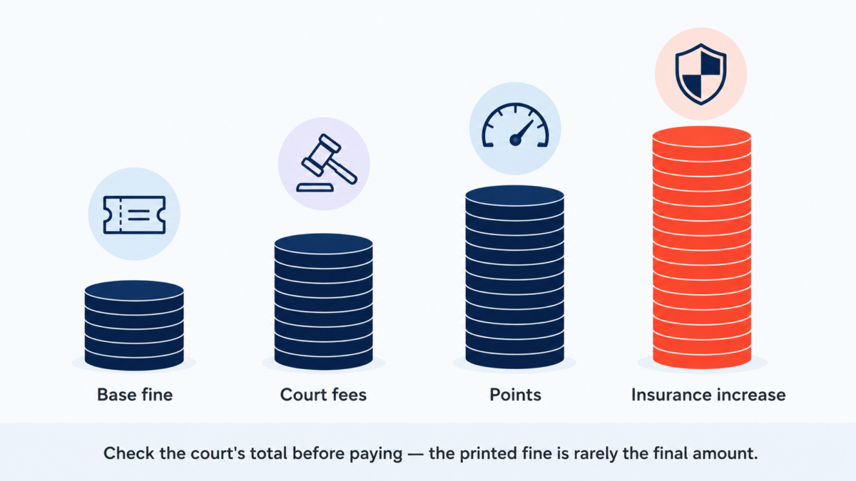 Breakdown of speeding ticket cost into fine, fees, points, and insurance increase