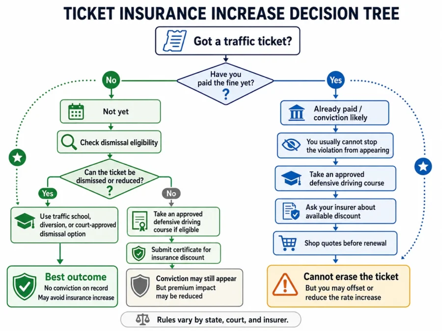 Decision tree showing ticket dismissal, point reduction, defensive driving discount, and insurance shopping options after a ticket