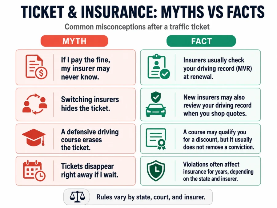 Myth versus fact graphic explaining what does not prevent a car insurance increase after a ticket