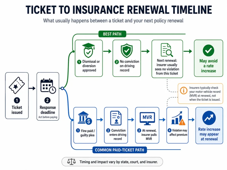 Timeline showing how a traffic ticket can move from citation to conviction to motor vehicle report to insurance renewal