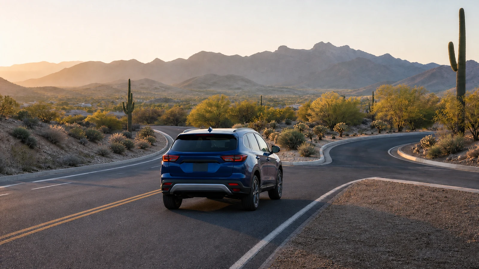 Blue crossover traveling on an Arizona desert road toward town in early morning light.