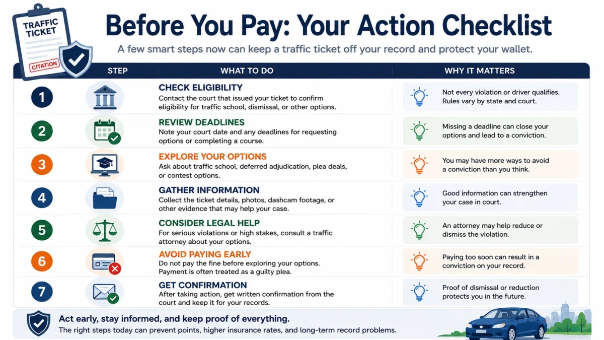 Simple checklist reminding drivers to verify eligibility for dismissal, review deadlines, compare legal options, and avoid paying before understanding the consequences.