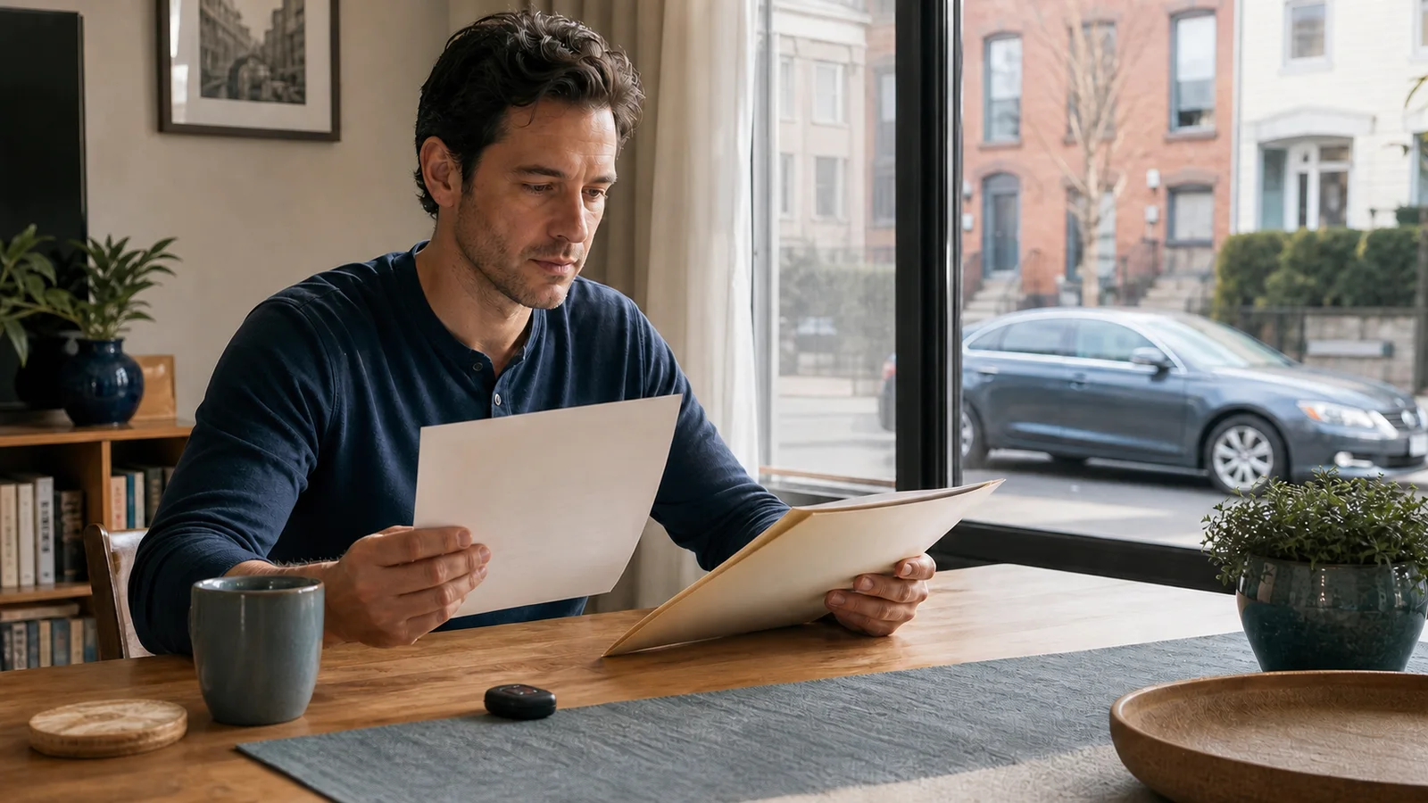 New York driver comparing a PIRP certificate with an auto insurance folder beside one key fob