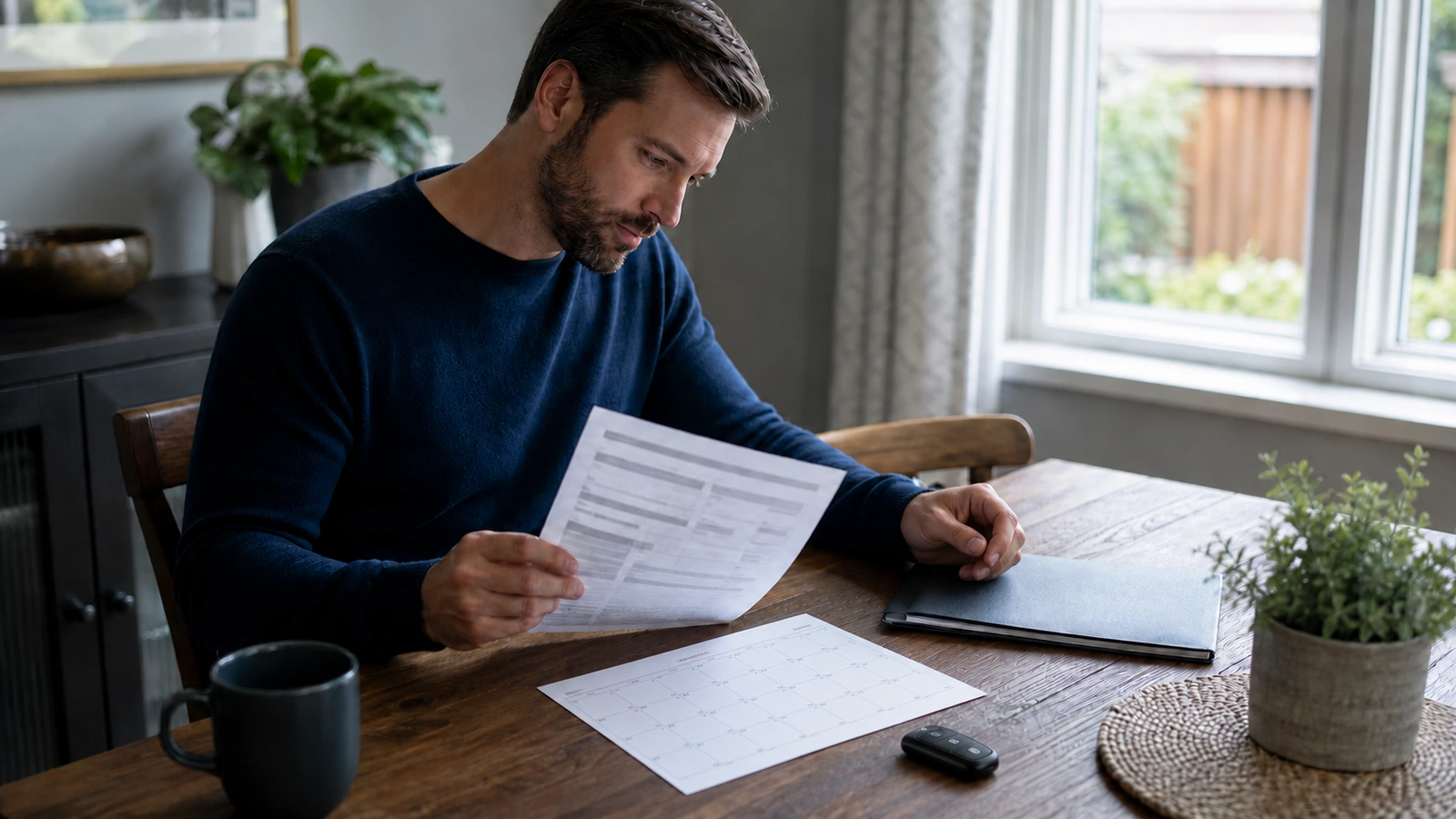 Driver reviewing paperwork beside a paper calendar at a home table