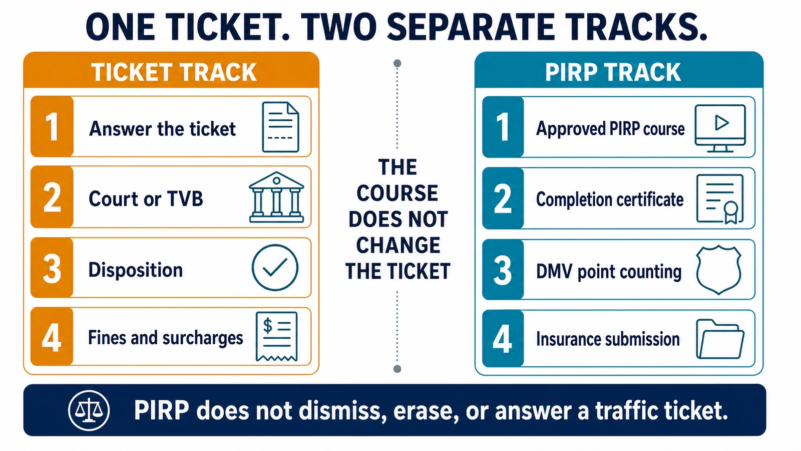 Two-track New York diagram separating the traffic-ticket case from PIRP point and insurance benefits