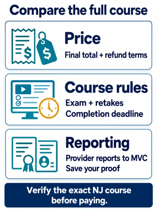 Three-part checklist for comparing price, course rules, and MVC reporting before choosing a defensive driving course