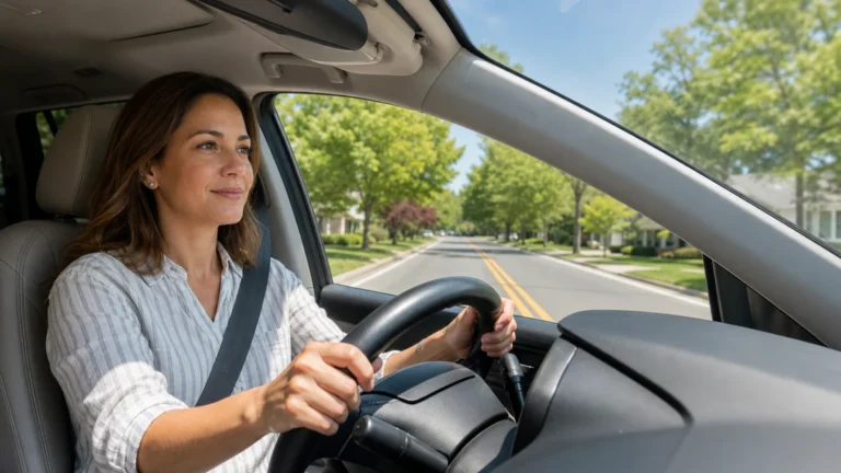 Woman driving safely on a sunny tree-lined New Jersey road