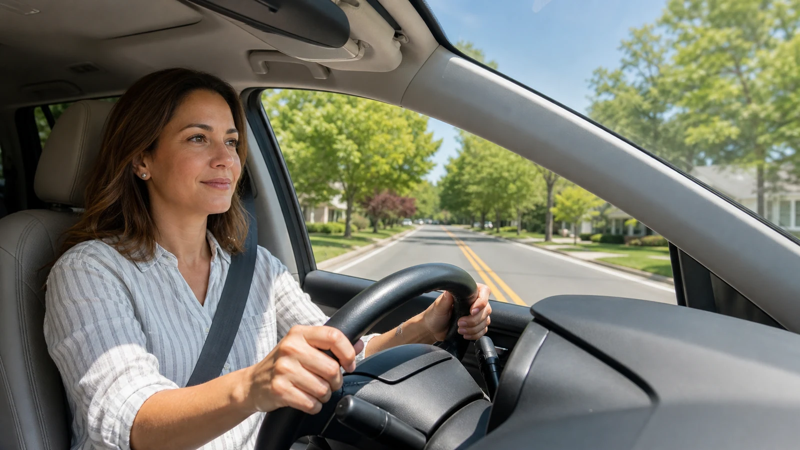 Woman driving safely on a sunny tree-lined New Jersey road