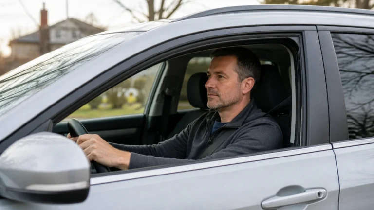 Focused driver behind the wheel of a silver vehicle